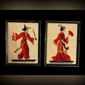Vintage Oriental Embroidered Wall Art Set
